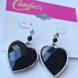 Candie's Black Heart Faceted Silver Tone Hook Earrings NWT